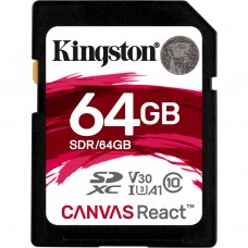 Kingston 64GB SDXC Canvas React 100R/70W CL10 UHS-I U3 V30 A1, up to 100MB/s read, and 70MB/s write SDR/64GB